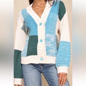 Lulus Adorably Warm Ivory Color Block Balloon Sleeve Cardigan Sweater - S